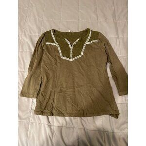 Thyme & Honey Womens Olive Long Sleeve Boho Top With Crochet Yoke XL